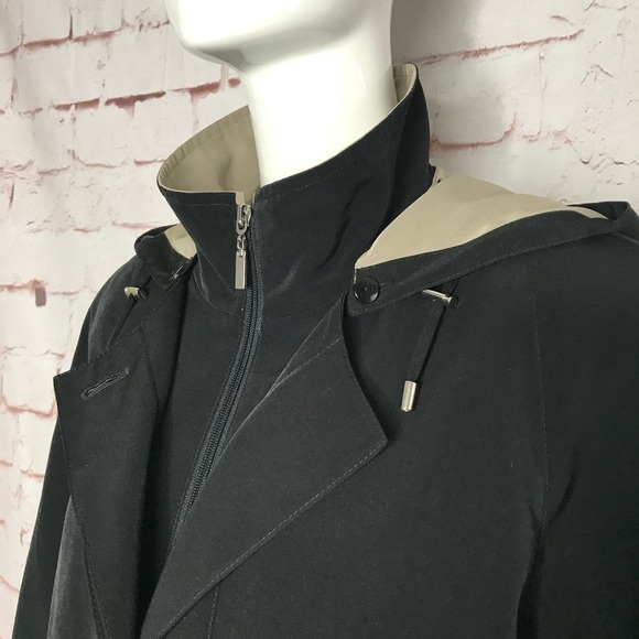 GALLERY Black & Taupe Trench Coat Raincoat detach Hood Size Medium 37” Length - Picture 3 of 16
